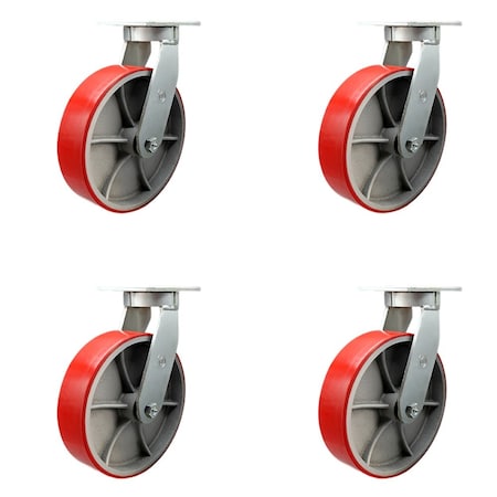 Service Caster 12'' Extra Heavy Duty Red Poly on Cast Iron Wheel Swivel Caster , 4PK CRAN-SCC-KP92S1230-PUR-RS-4